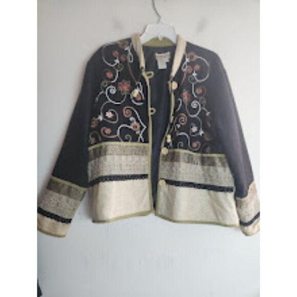 Coldwater Creek Black Beige Multicolor Embroidery Linen Cotton Jacket Large Pet - Picture 3 of 10